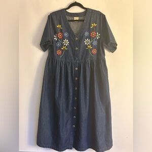 BÉCHAMEL 100% COTTON DENIUM BOHO FLORAL UPPER BUTTONS DOWN WOMEN’S DRESS SIZE M
